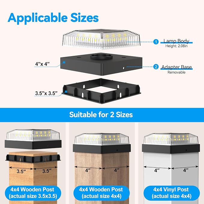 Solar Post Cap Lights for 4x4 Wood/Vinyl Posts 8-Pack, Black | 4x4 Post Solar Lights, IP65 Waterproof, 10-12 Hours of Illumination with 3 Lighting Modes for Garden/Patio/Porch