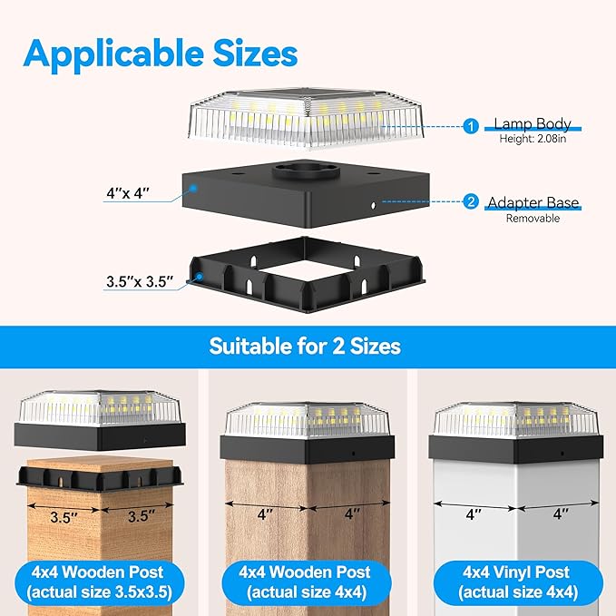 Solar Post Cap Lights for 4x4 Wood/Vinyl Fence Posts, 2-Pack | 4x4 Post Solar Lights, IP65 Waterproof, 10-12 Hours of Illumination with 3 Lighting Modes for Garden/Patio/Porch, Black