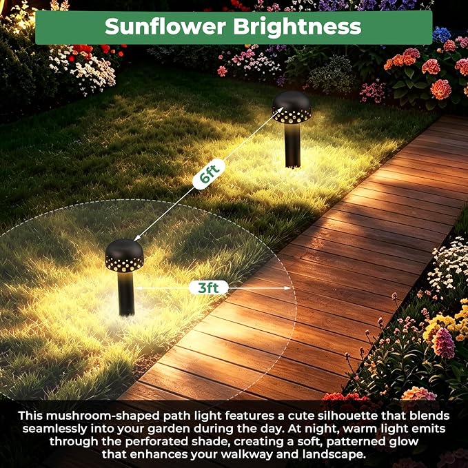 Low Voltage Landscape Pathway Lights, 12V Outdoor Mushroom Decorative Lights, Unique Aluminum Path Lighting with 4W 2700K Replaceable Bulb for Walkway Garden Yard, 6 Pack