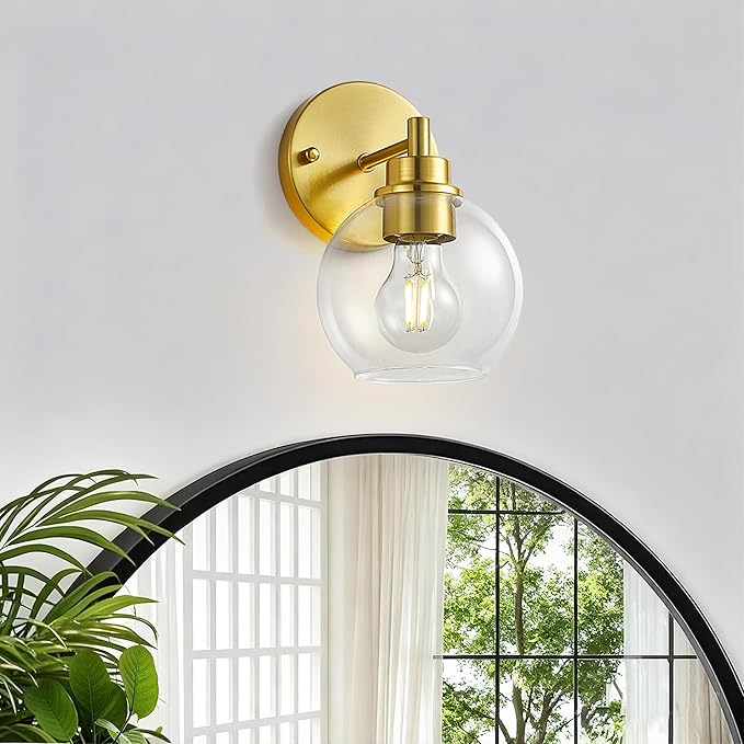 Gold Bathroom Vanity Lights, 1-Light Wall Sconce with Glass Globe Shade, Vanity Lighting for Bathroom/Bedroom/Dressing Room, Vertical/Horizontal Mounted, E26 Bulb Base (Bulb Not Included)