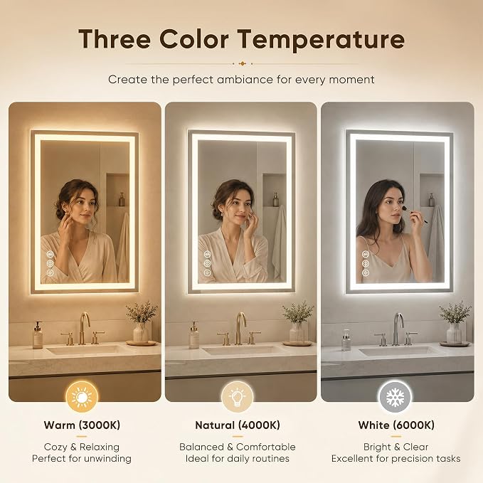 Antok 60x36 LED Bathroom Mirror with Lights, Backlit + Front Lit Vanity Mirror with CRI>90, Dimmable Anti-Fog Smart Mirror with Memory Function, 3 Color Temperatures, Shatterproof Tempered Glass, ETL
