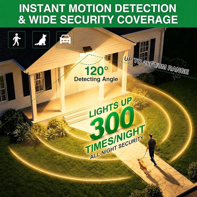 Solar Outdoor Lights Motion Sensor, 2500LM 286 LED Security Flood Lights with Visual Battery & Mode Display, 3 Lighting Modes, IP65 Waterproof 3-Head Wide Angle for Garage, Yard, Patio (4P Warm White)