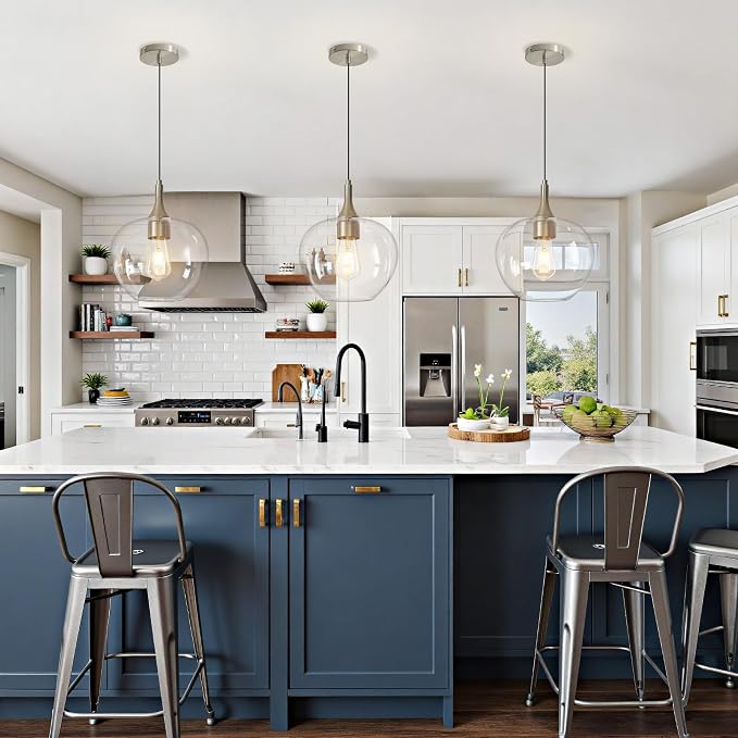 9.45in Nickel Pendant Lights Kitchen Island with Clear Glass Shade 1Pack | Handcrafted Glass Pendant Light Fixtures, UL Certified, E26 Base 100W Max, Height-Adjustable, Dimmable Hanging Pendant Light