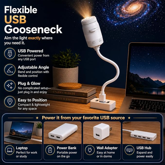2-in-1 Galaxy Projector Night Light with 13 HD Projection Slides, USB Portable Starry Sky Night Light with 360° Rotation & Dual Auto-Off , Mini LED Ceiling Wall Lamp for Car Decor Bedroom Adults Gifts