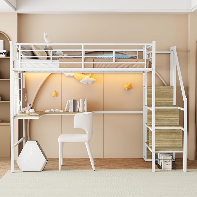 Twin Size Metal Loft Bed with Reversible Stairs & L-Shaped Desk,White | Storage Stairs,Wardrobe,L-Shaped Desk,USB Charging Station,Space-Saving for boys & Girls, Noise-Free, No Box Spring Needed