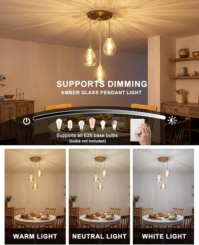 3-Light Pendant Lighting Dining Room Lights Fixture Over Table | Amber Hammered Glass, Brushed Gold, Farmhouse, Hardwired, E26, Cluster Hanging Lights for Kitchen Island, Dining Room