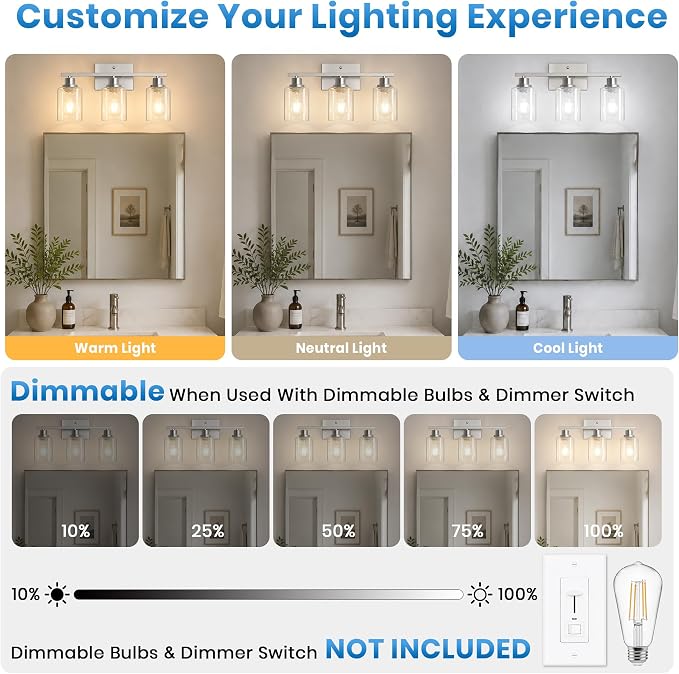 Ascher 3 Light Bathroom Light Fixture, Brushed Nickel Bathroom Lighting Fixtures Over Mirror, Vanity Light with Clear Glass Shade, Wall Sconce for Living Room Bedroom Cabinet, E26 Base