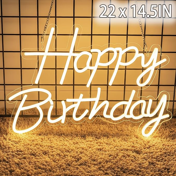 22" x 14.5" Happy Birthday Neon Sign for Backdrop, LED Happy Birthday Light Up Sign, USB Powered Dimmable Neon Light for Birthday Party Decorations, Wall Decor, Warm White
