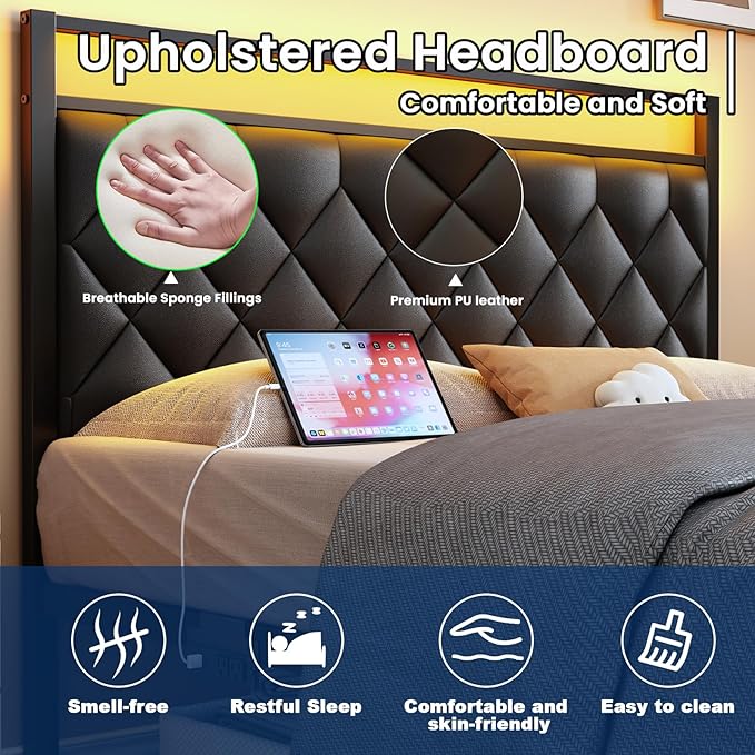 Queen Bed Frame with Headboard PU Leather Upholstered Bed Frame Platform with Charging Station, LED Light, Easy Assembly, Noise Free, No Box Spring Needed, Black