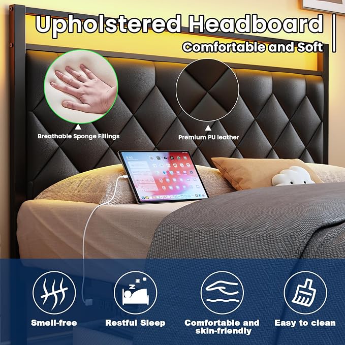 Full Size Bed Frame with Headboard, Modern Metal Bed Frame with LED Lights & Charging Station, PU Leather Upholstered Headboard, All Metal Slats Support, No Boxing Spring Needed, Noise Free, Black