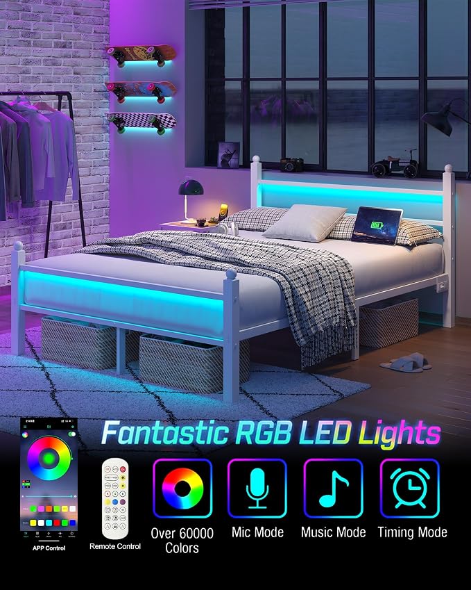 CollaredEagle Queen Bed Frame with LED Lights and Charging Station, White | Queen Size/ Metal Frame/ Built-in Charging Station/ RGB LED Lights/ Noise-Free/ 10.8 inch Under-Bed Storage