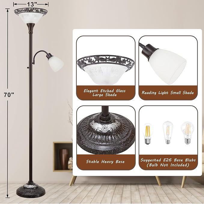 Luvkczc 70" Floor Lamp for Living Room, Bedroom, Office - 2 Head Standing Lamp with Metal Pole & Heavy Base - Vintage Tall Corner Reading Light - No Bulbs Included