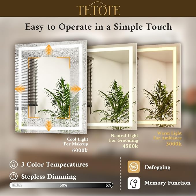 LED Bathroom Mirror with Lights 48 x 36 Brighter Light up Mirror for Bathroom Vanity, Front and Backlit Lighted Antifog Mirror Wall Mounted, 3-Color Dimmable, Waterproof, Tempered Glass