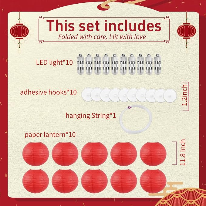 Red Chinese Paper Lanterns with LED Lights, 10-Pack 12inch | Hanging Lights for Chinese New Year, Anniversary, Birthday Decorations, Ceiling Decor & Home Party