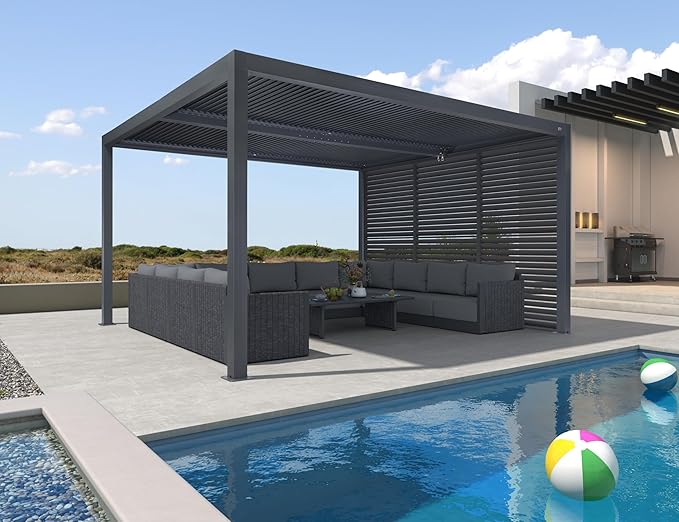 PURPLE LEAF Louvered Pergola 12' x 14' 94AS w/ 1W Side Shutter Wall Grey | Rainproof System, Two Adjustable Roofs, 53Mph Wind, Zero-Rust, Plus Privacy Shutters For Private Retreat, 4 Adjustable Roofs