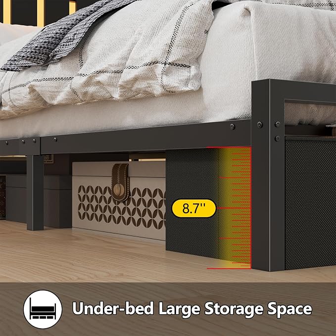 Queen Size Bed Frame with 2 Storage Drawers, Wood Headboard with LED Lights | Queen Bed Frame with Power Outlets & 2-Tier Storage Shelves, Metal Platform Bed with Under Bed Storage, No Box Spring Needed