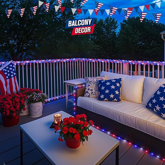 JMEXSUSS 2 Pack Red White and Blue Battery Operated Rope Lights Outdoor, 33ft 100 LED Battery Powered 4th of July Lights with Remote, 8 Modes Patriotic Rope Lights for Independence Memorial Day Decor