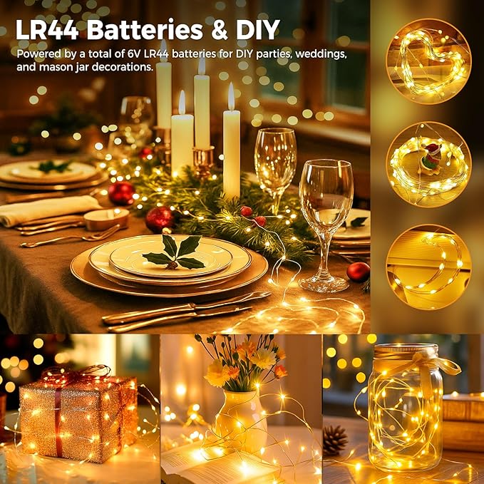litogo 6 Pack Yellow Fairy Lights Battery Operated with Timer, 20 LED 3 Modes Twinkle Light, 7ft Waterproof Silver Wire Mini Small Bulk Mason Jar String Light, Decor for Wedding Party Christmas