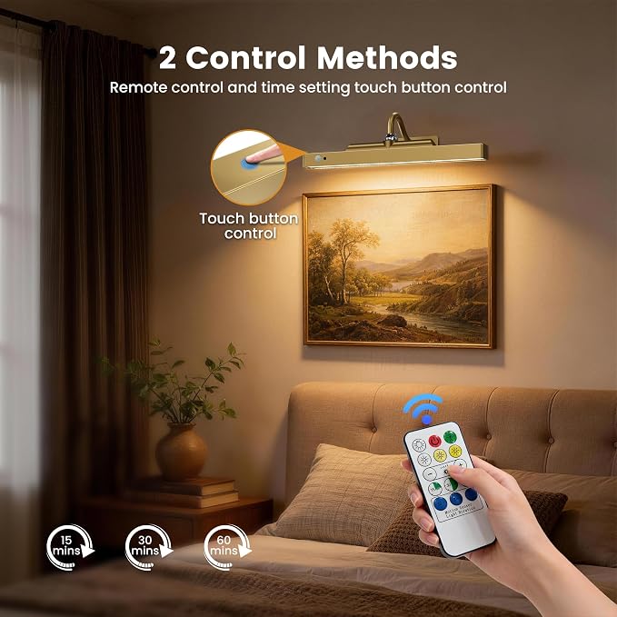 Rechargeable Motion Sensor Picture Light for Wall, 12 Inch, Brass, 1 Pack | Cordless, Magnetic Detachable Bar, Remote Control, 3CCT Dimmable, 4400mAh, for Artworks Paintings