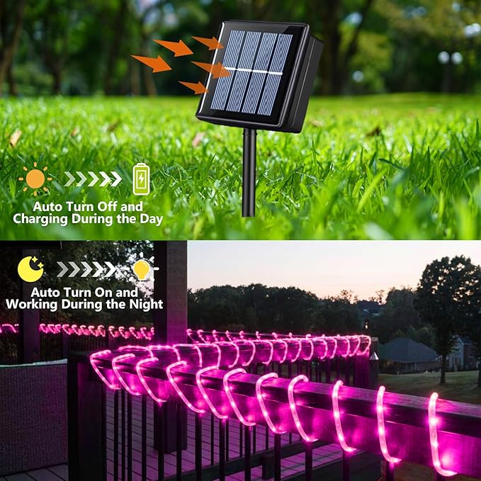 YEGUO Solar Rope Light Outdoor Waterproof, 66ft 200 LED Pink String Lights, 8 Modes Tube Christmas Lights in Clear Thin Tube