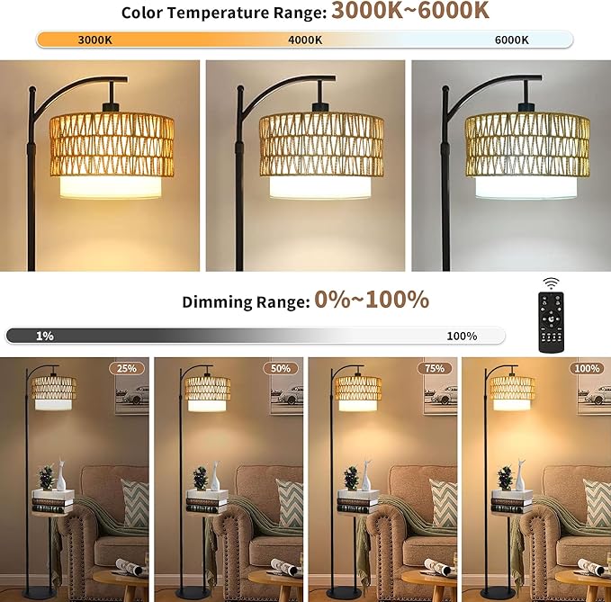 Arc Floor Lamp with Table and Shelves,Rattan Boho Floor Lamp with Remote Control,Rustic Floor Lamps for Bedroom Wicker Standing Lamp with 3 Color Temperature Tall Lamp for Living Room Corner