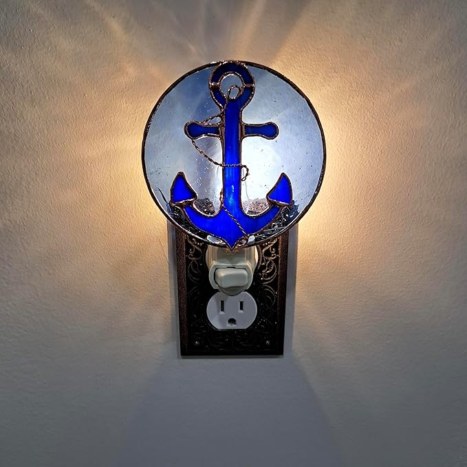 Gift Essentials Blue Anchor Plug in Night Light - Stained Glass Nightlight with On/Off Rocker Switch - Includes One 4 Watt Replaceable Incandescent Warm Glow Bulb