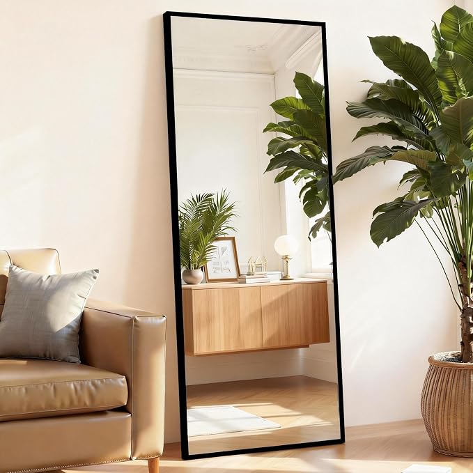 Full Length Floor Mirror, 15.75"x59" Body Wall Mirror with Stand | Shatter-Proof Nano Glass, Tall Standing, Hanging or Leaning, Aluminum Alloy Frame for Bedroom, Modern Home Decor, Black