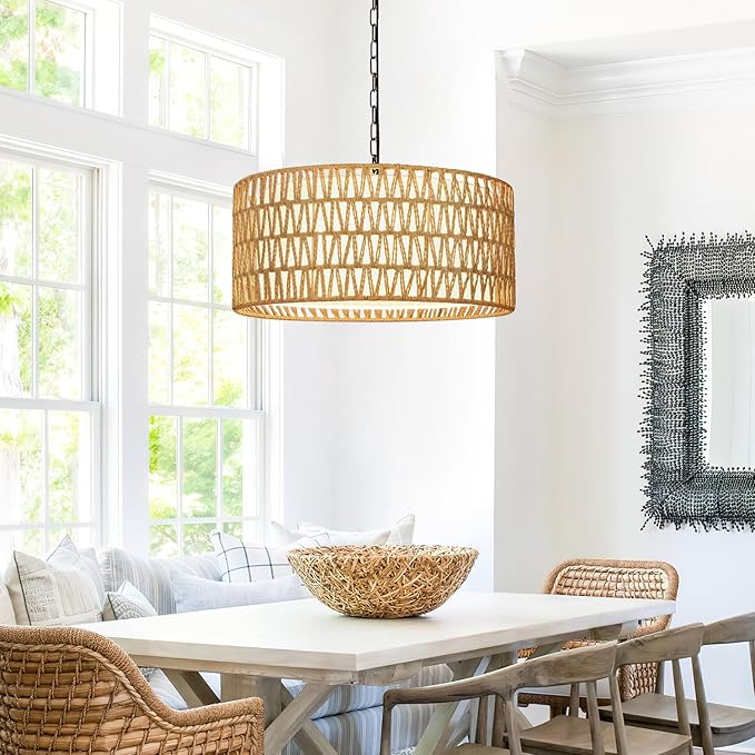 Farmhouse Chandelier Light Fixture, 5-Light Rattan Boho Chandeliers for Dining Room, Hand Woven Pendant Light with Linen Shade, Rustic Hanging Lighting for Kitchen Island, Bedroom (Bulb Not Included)