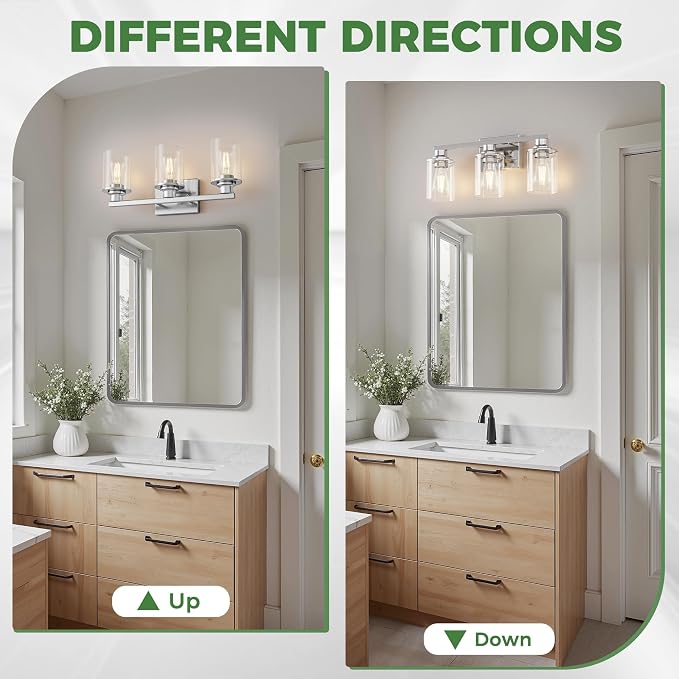 17 Inch 3-Light Chrome Bathroom Vanity Light Over Mirror | Modern Vanity Mirror Light, Brushed Chrome Vanity Light with Clear Glass Shade, Wall Mount Lighting for Bedroom Living Room