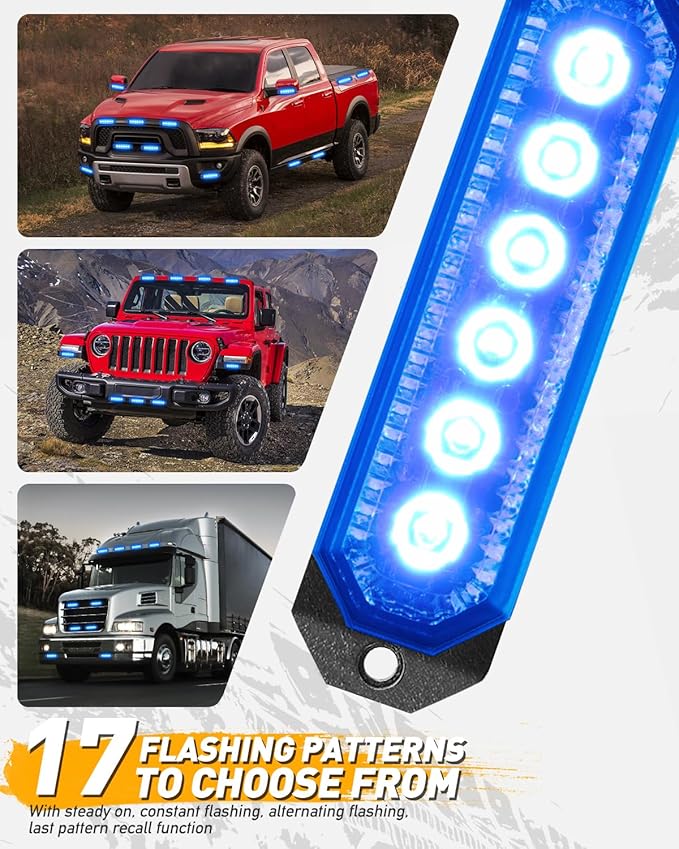HLauto 406T Emergency Strobe Grille Lights: 4Pcs 6 LED Sync Feature Safety Warning Flashing Light, 12V-24V Ultra Slim Surface Mount Hazard Caution Light for Truck, Vehicle, Car, ATV, UTV (Blue)