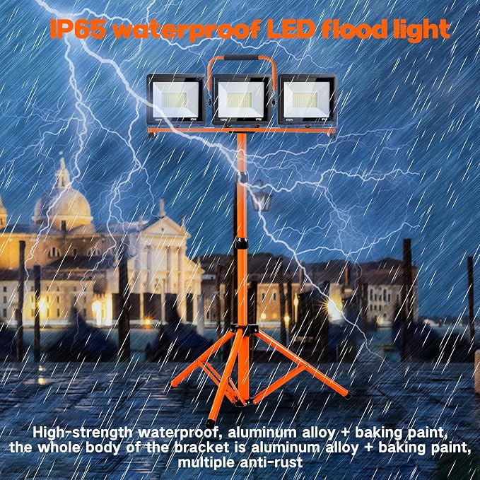 22000 Lumen Work Lights with Stand, 3 Head Portable LED Work Light, with Adjustable&Foldable Tripod Stand, IP66 Waterproof Lamp for Outdoor Indoor Job Site Workshop Garage Construction Site Lighting