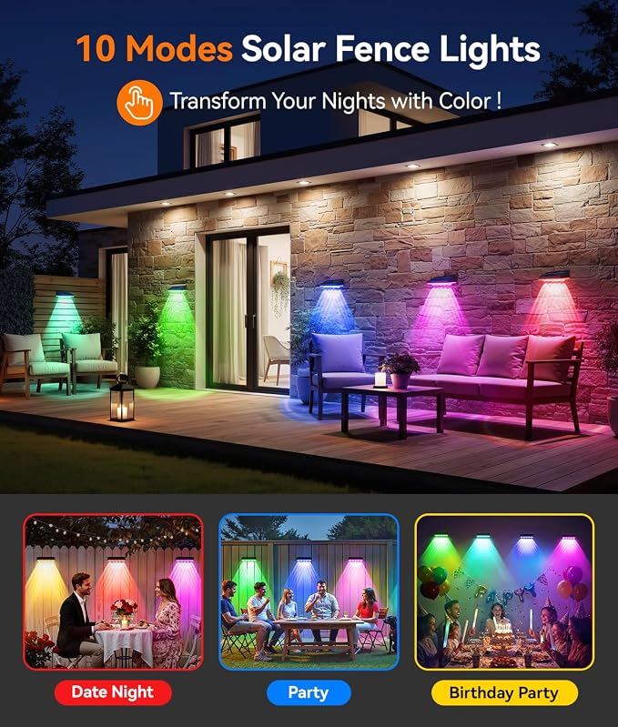 KOOPER Solar Fence Lights Outdoor Waterproof, 12 Pack Warm White & 9 Fixed Colors & Color Changing Fence Lights Solar Powered, Solar Lights Outdoor Fence for Outside Backyard Railing Patio Wall Deck