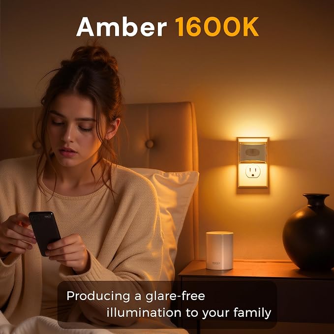 L LOHAS LED Motion Sensor Night Light, Night Lights Plug into Wall, Amber | Plug in Night Light with Dusk to Dawn Sensor, 30-100lm Adjustable Brightness, White Housing 2 Pack