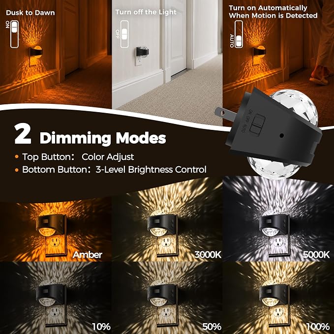 Motion Night Light Projector Dimmable 3 Colors Warm Rotatable | night lights plug into wall, dusk to dawn & motion sensor, 180°rotating, 3000K 5000K amber bedroom hallway bathroom decor