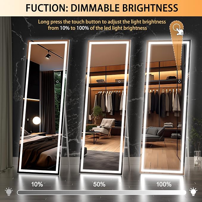 Hasipu Full Length Mirror with Lights, 56" x 15.8" LED Floor, Full Body Dressing Standing, Hanging Mounted Mirror, Square White