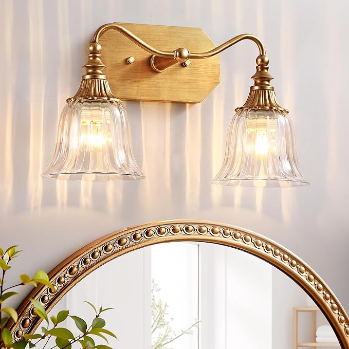 Bathroom Vanity Gold Light Fixture, 2 Lights Bathroom Lighting Matte Antique Brass Finish with Crystal Glass Shade, Gold Vintage Vanity Light for Bathrooms