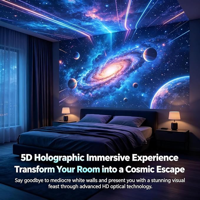 2027 New Smart Hd 5d Holographic Night Light Projector, Plug and Play Star, 360° Adjustable Hd Galaxy and Ocean Projector for Bedroom Ceiling (12Projection Films)