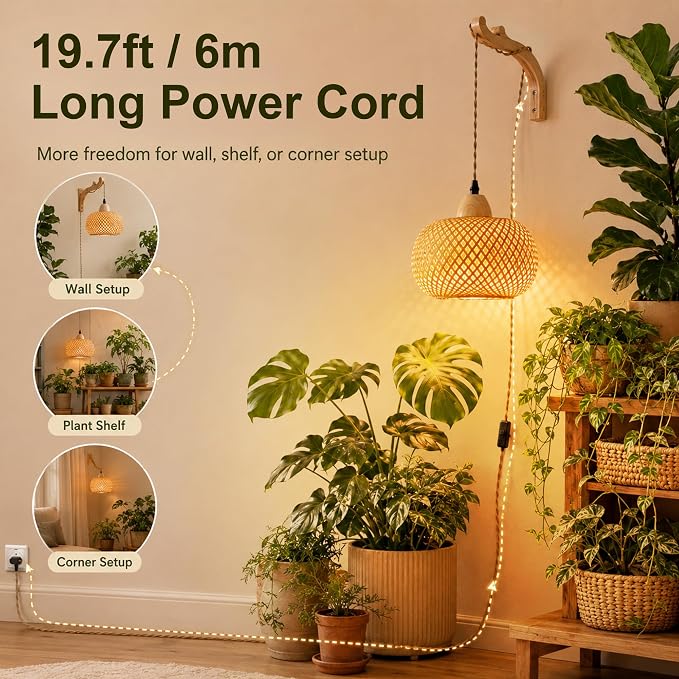 Wall Mounted Grow Lights for Indoor Plants with Timer, Hanging Light | 3500K Full Spectrum Pendant Grow Light, Rattan Shade Decorative Plant Light, 19.7FT Cord for Living Room Corners Plants