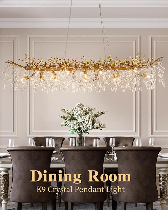 Modern Tree Branch Chandelier, 16 Lights Rectangular 59" Crystal Gold Chandeliers for Kitchen Island Dining Room Living Room