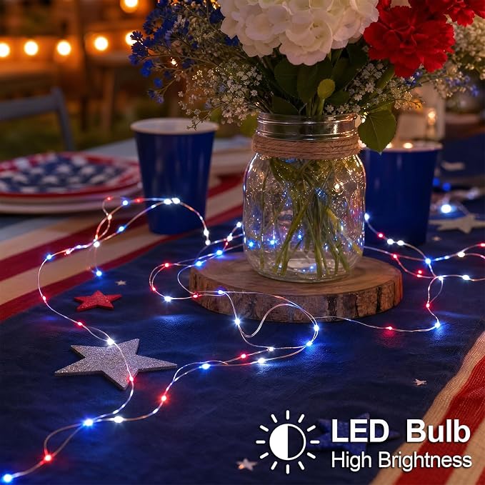 Patriotic Red White and Blue Fairy String Lights Battery Operated | 2 Pack Total 100Led Timer Copper Wire Mini Lights, Battery Powered Firefly DIY for 4th of July, Labor Day Decorations