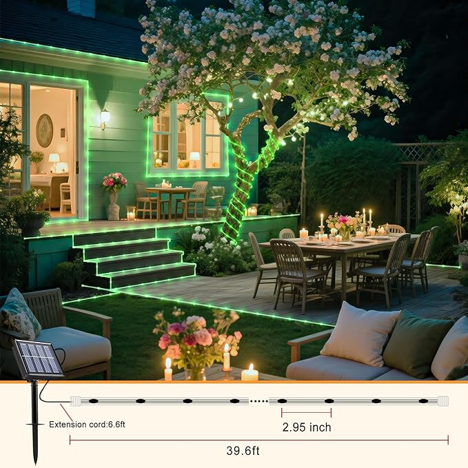 2 Pack Solar Rope Lights Outdoor Waterproof, Total 66FT 270 LED Green Solar String Lights for Outside, 8 Modes Solar Powered Fairy Light for Pool Yard Trampoline Garden Pathway Party Decorations