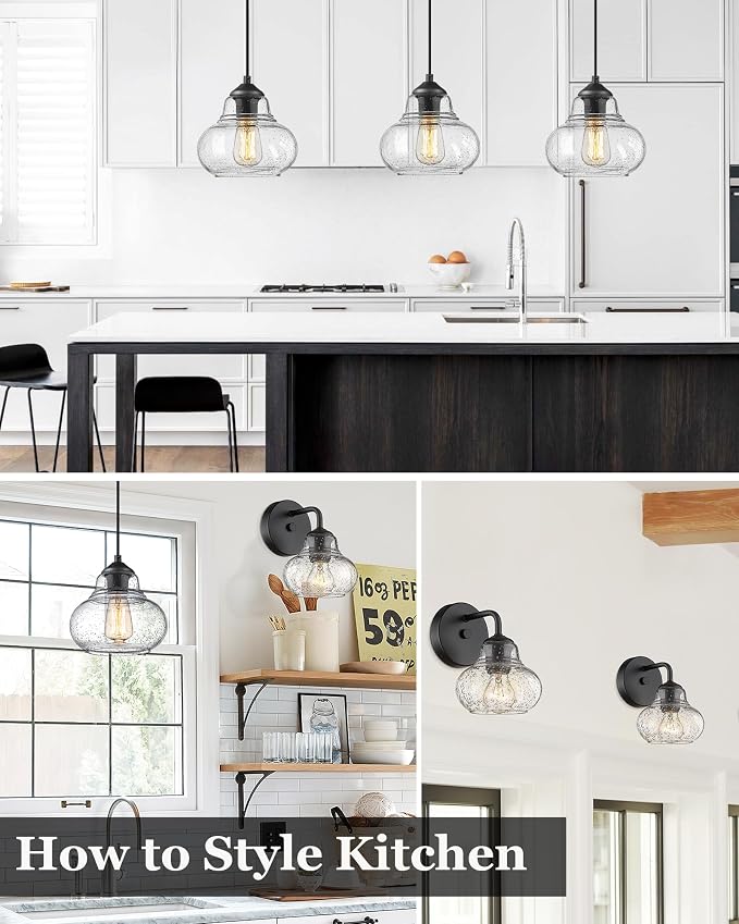 ELYONA 2 Pack Bubble Glass Pendant Light 8 inch Industrial Kitchen Hanging Pendant Light Fxitures Modern Hand Blown Seeded Glass for Farmhouse Dining Room Bar Bedroom Living Room Black