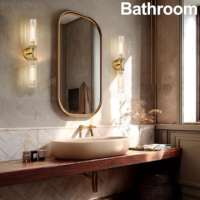 LaLuLa Gold Bathroom Vanity Light Fixtures – 2-Light Hardwired Wall Sconces with Rippled Glass Shades and Textured Metal Frame, Modern Vanity Lighting for Mirror, Bedroom, or Hallway, 25”