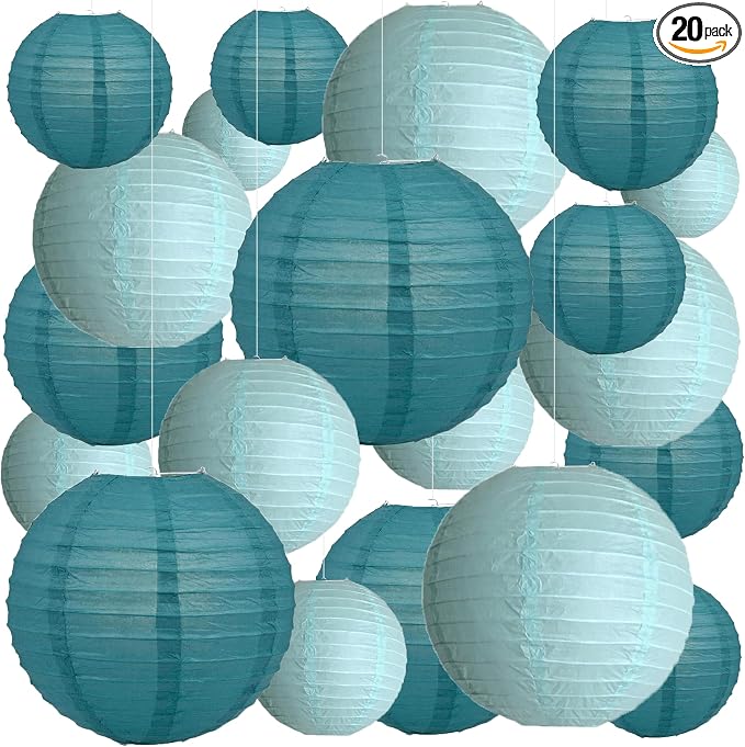 20Pcs Paper Lanterns Decorative, Teal Round Hanging Lanterns for Wedding | 6"8"10" Blue Paper Lanterns Decorations for Rustic Party Bridal Shower Birthday Baby Shower Engagement Home Classroom Decor