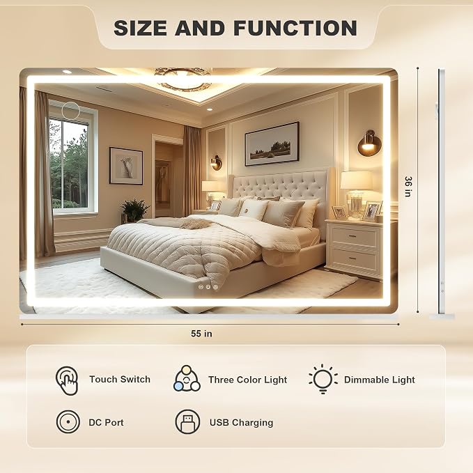 Hasipu Vanity Mirror with Lights, 55.1" x 36" LED Makeup Mirror, Lighted Makeup Mirror with Dimmable 3 Modes, Touch Screen Control Vanity Mirror Round White
