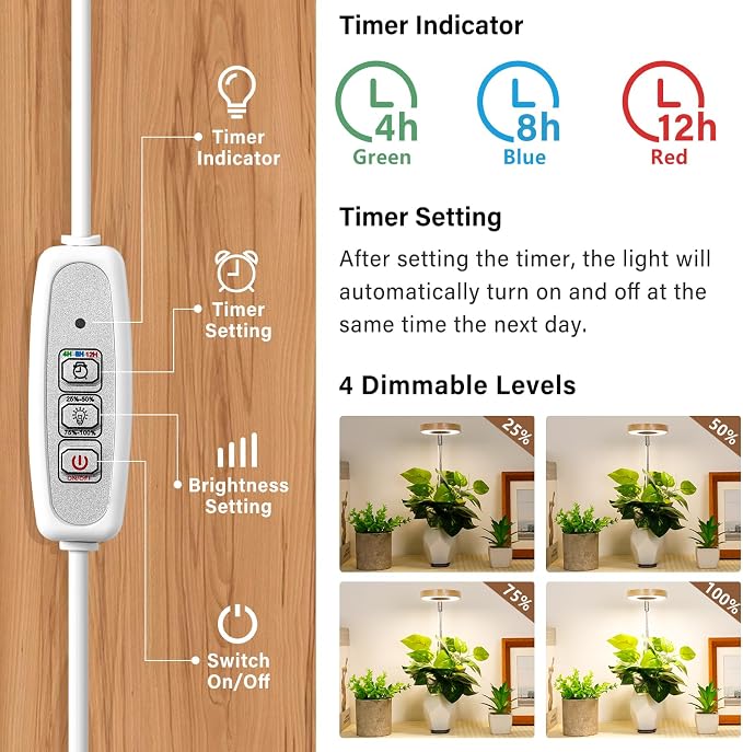 LORDEM Bamboo Base Desktop Grow Light, LED Plant Lamp with Full Spectrum, 4 Adjustable Brightness Levels, 4H/8H/12H Auto Timer for Indoor Plants Growing, Height Adjustable 7.8"-26", 2 Pack
