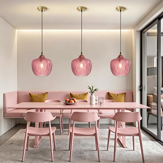 Pink Glass Pendant Lights Kitchen Island Gold Hanging Ceiling Light 9.45" | 1 Pack, Adjustable height, Dimmable, E26 bulbs, Rust-resistant Damp Rated For Bathrooms, 5-Year Warranty, UL Certification