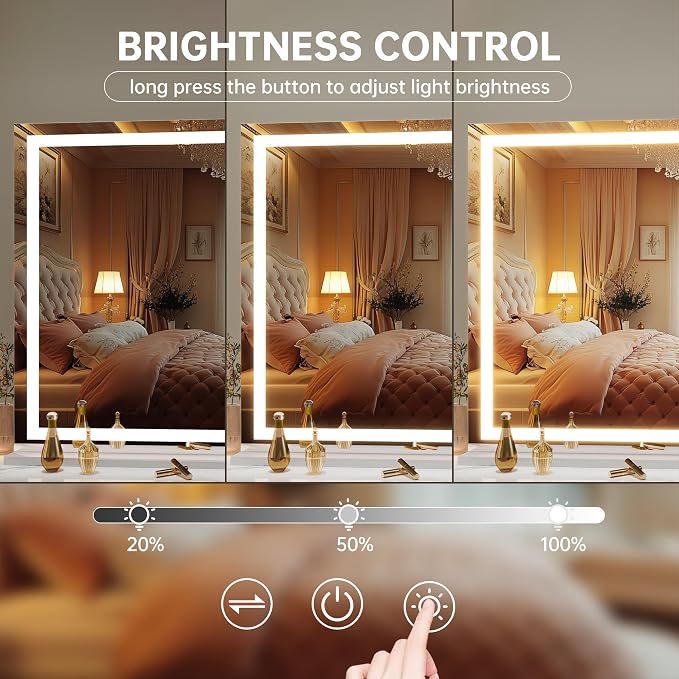 Hasipu Vanity Mirror with Lights, 42" x 30" LED Makeup Mirror, Lighted Makeup Mirror with Dimmable 3 Modes, Touch Screen Control Vanity Mirror Square White