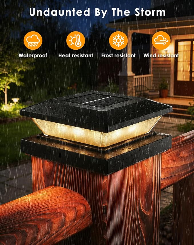 4x4 Solar Post Cap Lights - 6 Pack Fence Deck Post Solar Powered Lights | 3.5x3.5 4x4 Outdoor Postcap Light for Wood/Vinyl Posts, LED Waterproof Patio Porch Posts Lighting, 3 Lighting Modes, Black
