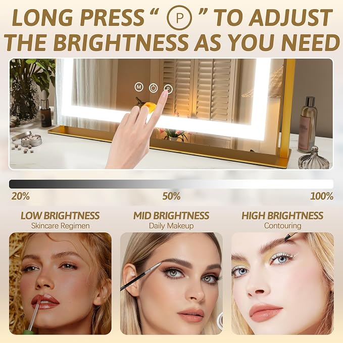 ROLOVE Vanity Mirror with Lights 22"x18", Lighted Makeup Mirror with 10X Magnification, Smart Touch 3 Colors Dimmable, 360° Rotation, Women Gift, Dresser Mount, Bathroom (Gold)